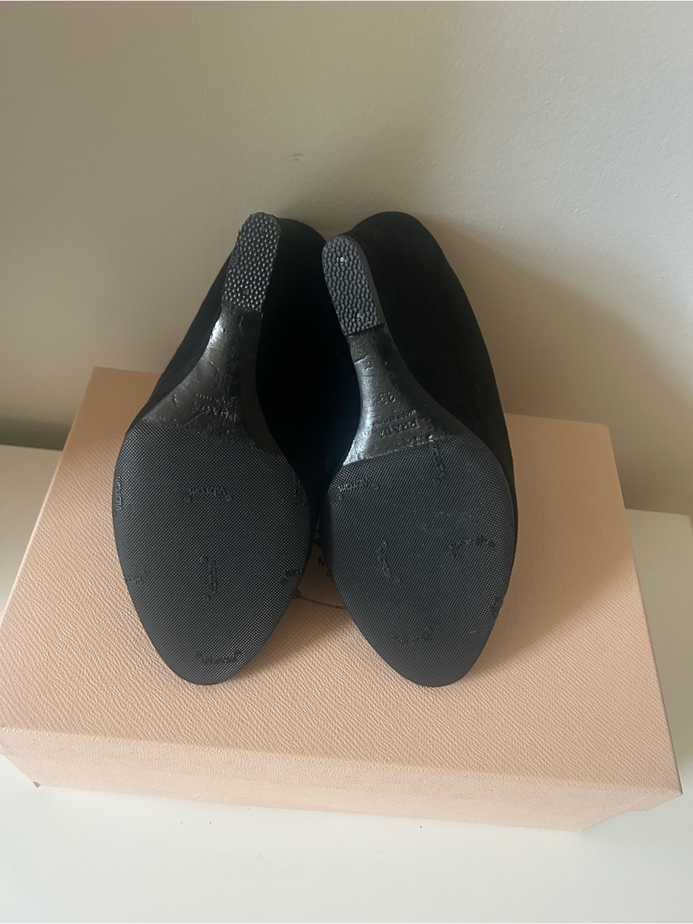 Prada Black Suede Peep-Toe Wedge Mules - Picture 2 of 4